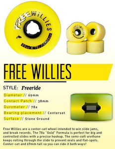 Free Wheel Longboard Wheels: Free Willies 69mm 78a Yellow Wheels- Edge Boardshop