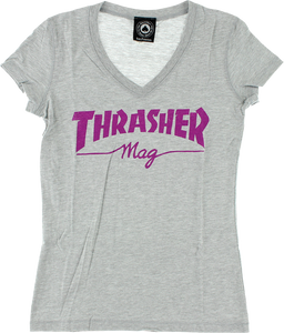 THRASHER MAG LOGO GIRLS V-NECK SS S-HTHR.GREY/PINK