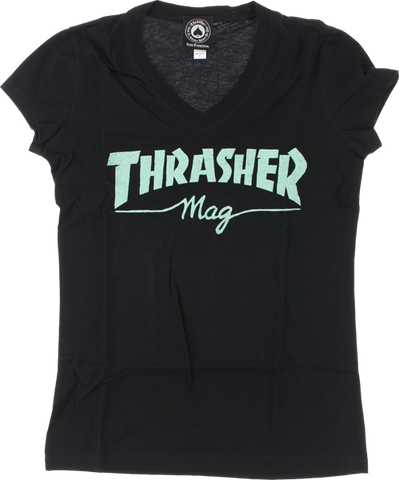 THRASHER MAG LOGO GIRLS V-NECK SS L-BLK/MINT