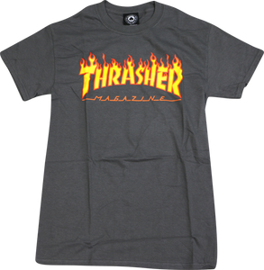 THRASHER FLAME SS L-CHARCOAL/YEL & RED