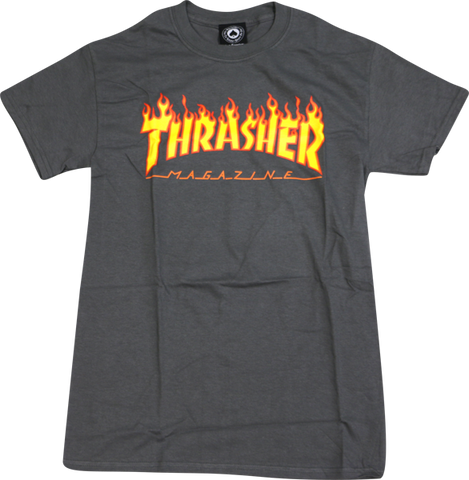 THRASHER FLAME SS L-CHARCOAL/YEL & RED